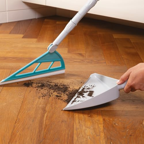 JML Wow Sweeper Rubber Broom & Squeegee - Multi-Surface Dry or Wet Brush with 180° Pivot Head, Telescopic Handle for Windows, Tiles, Rugs & Floors - Flexible Blade Catches Particles - Includes Dustpan