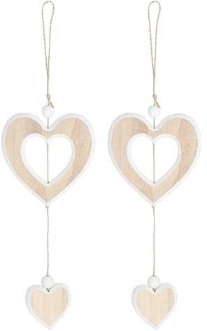 MBAIYO 2 Stück Herz Deko Holz Anhänger, Hängende Holz Dekoherz Fensterdeko Dekoanhänger Natur Weiß Holzherz Hängedeko Skulptur Dekoherz Dekohänger Geschenk für Hochzeit Wandbehang Dekoration
