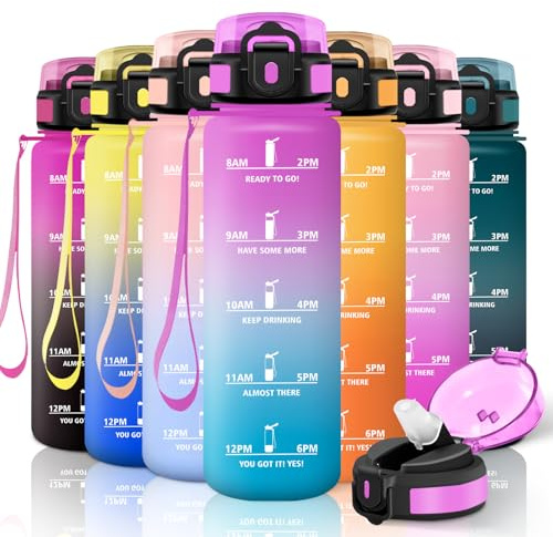 Motswedi Borraccia con Cannuccia, 1000ml senza BPA, Borraccia Palestra, a Prova di Perdite, Bottiglia Acqua per Capretti, Adulto, Palestra, Yoga, Sport, Rosa Rosso & Ciano