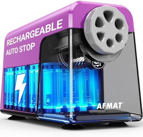AFMAT Electric Pencil Sharpener Heavy Duty, 6 Holes, Rechargeable Pencil Sharpener with Container for Colored Pencils 6-11mm, Auto Stop,for School, Home, Classroom,Battery Operated,Purple PSD1