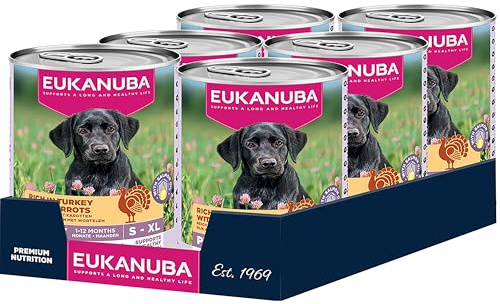 Eukanuba alimento para Cachorros húmedo con Pavo y Zanahorias, Comida húmeda Premium sin Cereales para Perros jóvenes, 6 latas de 400 g