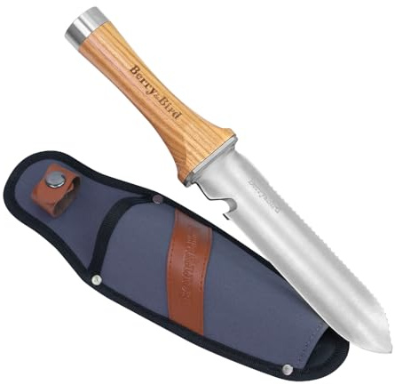 Berry&Bird Hori Hori - Coltello da giardino multiuso da 17 cm, lama affilata in acciaio inox a doppio taglio affilato, con fodero in tela, per giardinaggio, diserbo, scavo, taglio