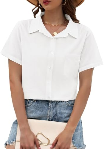 PASUDA Chemise Femme Manche Courte Chemisier Chic et Élégant Blouse Coton Lin Haut Été Tops Col en V Tunique D'été avec Boutons Décontractés T-Shirt Ample Couleur Unie