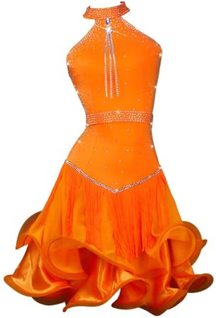 Robe De Danse Latine For Femme Avec Strass Scintillants Et Franges, Jupe Idéale For Les Compétitions De Salsa Et De Rumba.(M)