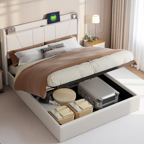 Zorvani Letto imbottito 160 x 200 cm, letto matrimoniale con testiera, letto a molle con spazio idraulico, telaio con rete a doghe, senza materasso, lino