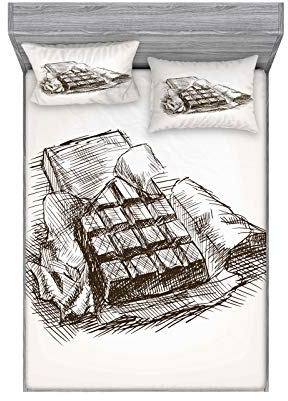 ABAKUHAUS Schokolade Buntes Spannbetttuch- und Kissen-Set, Chocolate Bar Lebensmittel Skizze, Dekoratives und Bedrucktes 3-teiliges Bettwäscheset, 135 cm x 190 cm, Dunkelbraun und Kokosnuss
