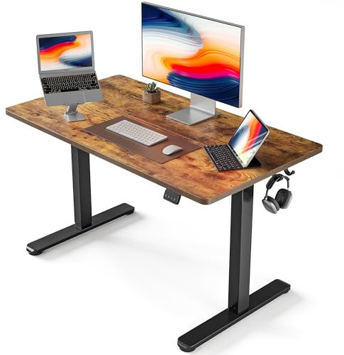 FEZIBO Height Adjustable Electric Standing Desk, 100 * 60 cm Stand up Table, Sit Stand Home Office Desk with Splice Board, Black Frame/Rustic Brown Top