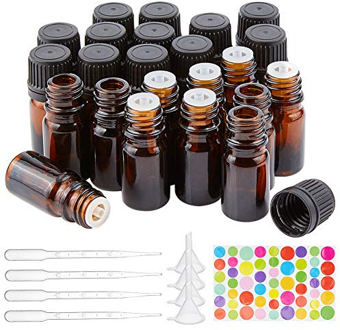 BENECREAT 24-pack, bärnstensfärgad glasflaska med hålreducerare, tom flaska i eterisk olja med halkfritt lock, 10 st pipetter, 4 st aromaterapatter