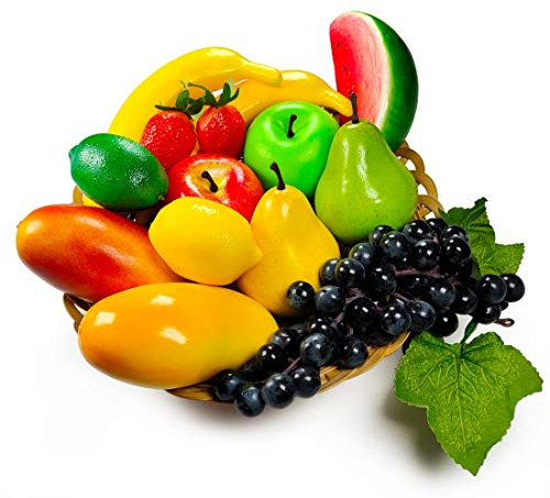 Packung mit künstlichen Früchten, gefälschte Früchte für die Inneneinrichtung, Party-Chirstmas-Dekortierung, Fruchtmodel für Fotoshooting, gefälschte Erdbeere, Mango, Bananen. Insgesamt 14 Stück / Set