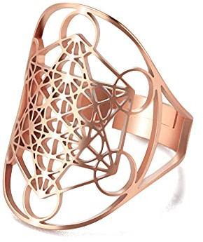 Amaxer Anillo de acero inoxidable Metatrons Cube para mujer, arcángel Metatron, declaración de protección ahuecada para mujer, Acero inoxidable, Metatron (Oro rosa)