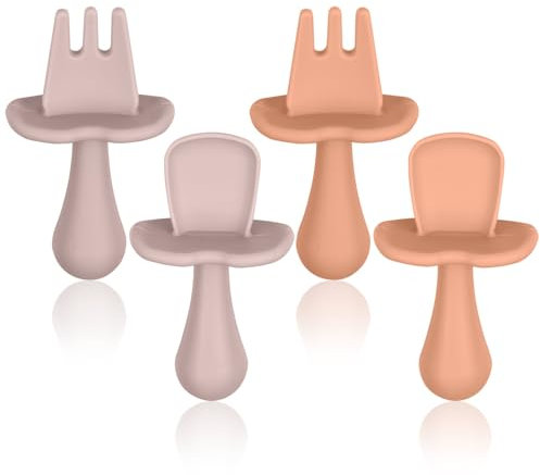 Vicloon Silicon Babylöffel und Gabel Fütterung Set,4 Stück Kinderbesteck Esslernbesteck, BPA Frei Baby Gabel und Löffel Set, Baby Besteckset ab 1 jahr (orange+rosa)