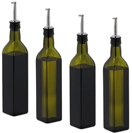 Relaxdays Essig-und Ölspender Set, 4 Glasflaschen, 500 ml, Ausgießer, Olivenöl & Vinaigrette, Leere Ölflaschen, grün