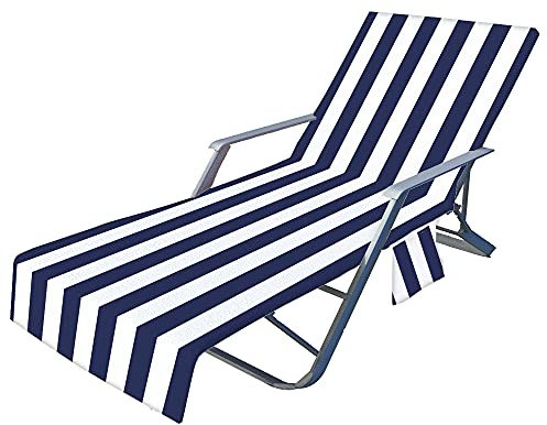 Surwin Schonbezug Für Gartenliege Streifen Strandliegenauflage Frottee Liegenauflage Stuhl Strandtuch Sun Lounger Bezug mit Tasche Sporthandtuch für Strand Garten Schwimmen (75x210cm,Dunkelblau)