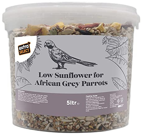 Extra Select Low Sunflower Blend African Grey Parrot Food: 24 Ingredient Parrot Seed mix for Health & Vitality - 5 Litre Tub