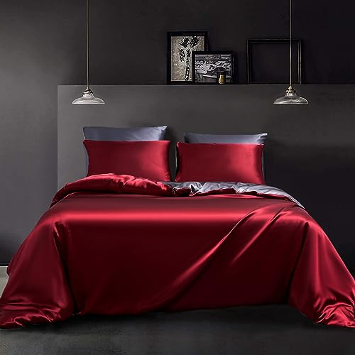 YASMENG Parure de lit en satin 200x220 cm rouge bordeaux foncé gris uni, reversible, lisse, brillante, soyeuse, de luxe, en soie, 3 pièces avec fermeture éclair et 2 taies d’oreiller 80x80 cm