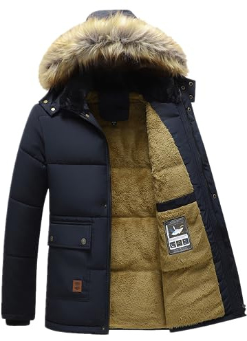 ANUFER Hommes Thermique Hiver Veste Parka Doublure épaisse en Peluche Coton Rembourré Manteau avec Capuche de Fourrure Détachable