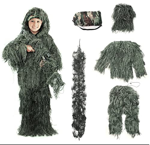 Tarnanzug Dschungel Ghillie Suit, Wald Ghillie Suit, 3D Atmungsaktives Taktisches, Tarnkleidung Jagd Paintball Airsoft Sniper Camouflage Set 4-Teilig für Kind Und Erwachsene A,150