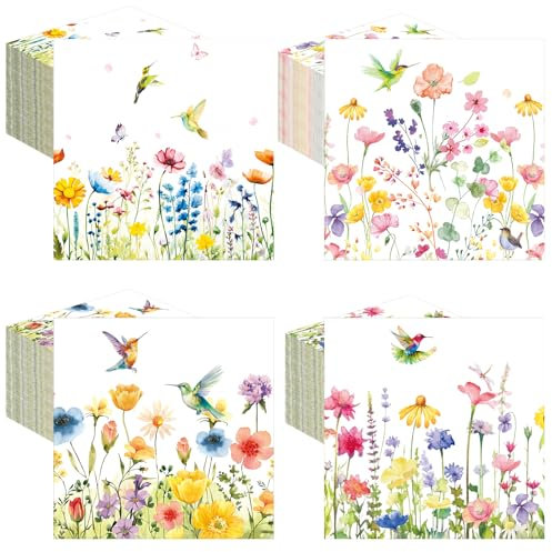 Fulmoon 200 Pieces Spring Wildflower Cocktail Napkins Disposable Floral Decoupage Paper Napkins Decorative Hummingbird Flower Beverage Towel for Spring Summer Party Favor Supplies