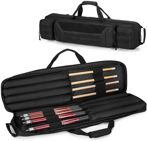 Rexmica Funda para tacos de billar de 4 x 4 con capacidad para 4 colillas y 4 ejes, bolsa de transporte para tacos de billar con asas y correas de hombro ocultas, mochila acolchada con bolsillos para