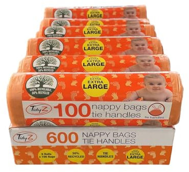600 bolsas desechables extragrandes Tidyz con asas de amarre fabricadas con un mínimo de 30% plástico reciclado. En un rollo para mayor seguridad. Adecuado para pañales de bebé, toallitas, residuos de