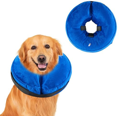 Honprodu Aufblasbare Halskrause Hund, Einstellbar Schutzkragen Hunde, Hundekragen Leckschutz für Genesung nach Operationen oder Wunden, Hundehalskrause der Die Sicht Nicht Blockiert(Blau XL)