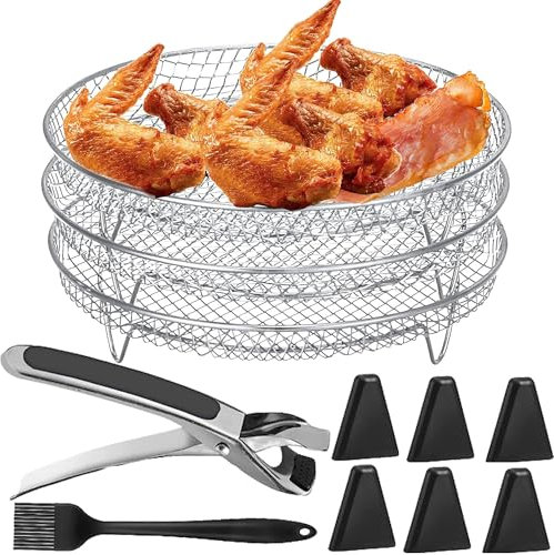 YUEMING Air Fryer Rack Round for Ninja, 3 Layer Stackable Round Stainless Steel Multi-Layer Dehydrator Accessories with Silicone Feet, Tong and Brush, Compatible with 4.8L-6.6L Tower