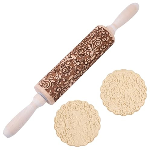 DELORIGIN Embossed Wooden Rolling Pin Vine Print 35cm Rolling Pin for Baking Biscuits 3D Pattern DIY Kitchen Tool Baking Accessories Homemade Bakery Pastry Cookie Fondant Dough Pizza