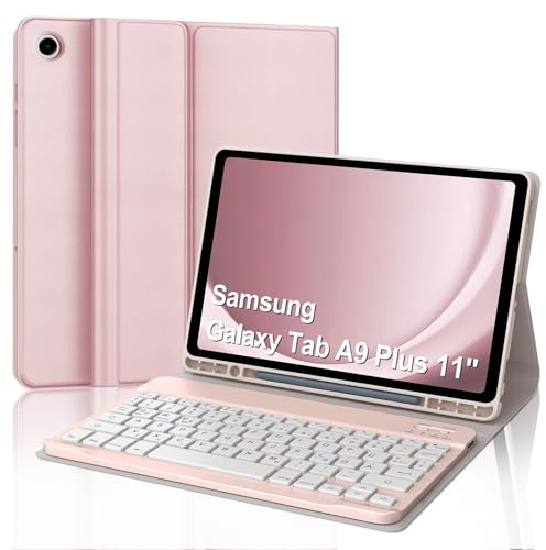 IVEOPPE Tangentbordsfodral för Samsung Galaxy Tab 9 Plus 11 tum, [QWERTZ tyska], Bluetooth avtagbart magnetiskt tangentbord för Samsung Galaxy Tab 9+/A9 Plus 2023 11 tum, rosa
