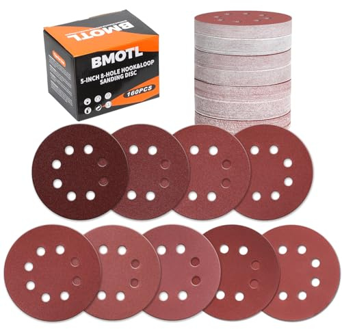 BMOTL 160Pcs 5-Inch 8-Hole Hook & Loop Sanding Discs Assortment:40 60 80 120 150 220 320 400 600 Girt for Wood/Metal/Drywall,Sandpaper for Orbital Sander