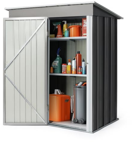 MMOWW Cobertizo de Jardín Metálico, 157x94x181cm, Techo Inclinado, Almacenaje Exterior, Resistente al Agua, Color Gris (Gris Claro)