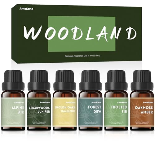AmaKane Woodland Fragrance Oil, Forest Diffuser Oil Scents, Candle Scents for Candle Making, Soap Making Scents, Frosted Fir, Cedarwood&Juniper, Oakmoss Amber and More Essential Oils 6x10ml