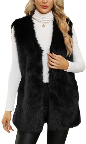 Maeau - Gilet Sans Manches Fausse Fourrure Mi-Longue Femme Col V Manteau Veste Ample Casual Automne Hiver XL Noir