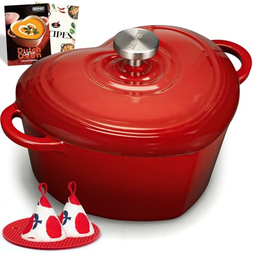 Overmont Pentola in Ghisa Smaltata a Forma di Cuore - 1.89L Casseruola con Coperchio e Libro di Ricette - Per Cucina, Forno, Stufare e Arrostire - Regalo Matrimonio e Festività - Rosso