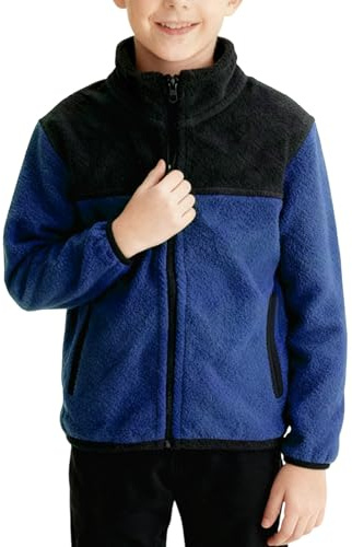 Giacca in pile da ragazzo con tasca con cerniera, caldo cappotto invernale e felpa con cappuccio casual per bambini all'aperto e attività fredde, Blu, 5-6 Anni