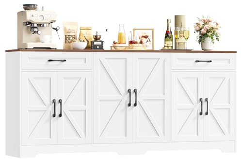 HOCSOK Credenza Cucina, 180 cm Madia Cucina con 8 Scomparti Portaoggetti, Credenza Soggiorno con 2 Cassetti 6 Ante per Sala da Pranzo, Mobile TV, 180×87×34, Bianco
