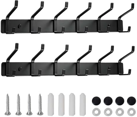 Set di 2 Attaccapanni a Parete, Guantiera con 6 Ganci in Alluminio Resistente - Nero Opaco, Per Cappotti, Giacche e Borse, Perfetto per Ingresso, Corridoio, Bagno, Cucina - Portata Massima 15kg