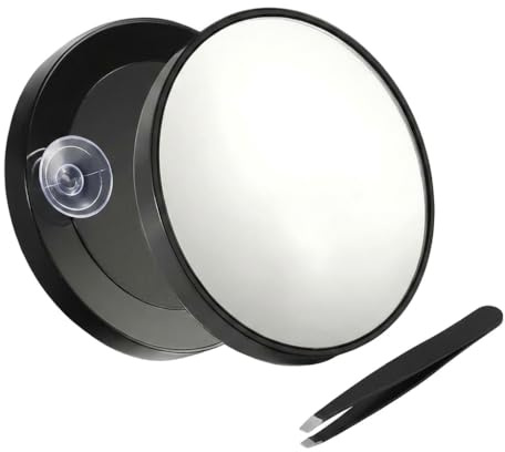 Belle Fang 50X Magnifying Makeup Mirror with Suction Cup and Precision Tweezers, Portable Round Small Travel Mirror for Detailed Skincare, Makeup, Contact Lens and Grooming Black