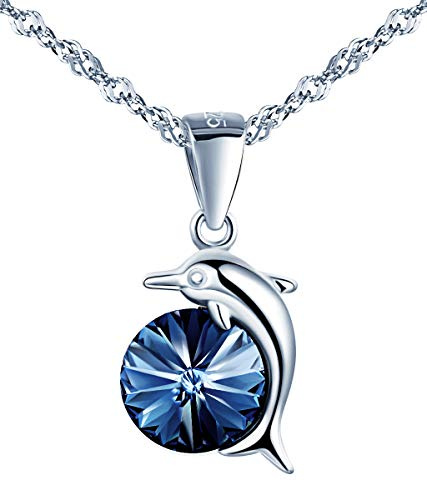 MicLee Collier de femme fille en argent 925, collier pendentif dauphin en cristal bleu, Cadeau d'anniversaire, de Saint-Valentin et de Noël