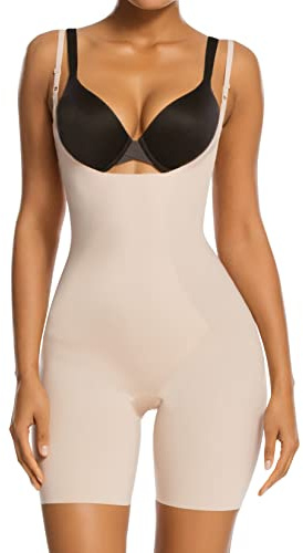 SHAPERX Women's Shapewear Bodysuit Open Bust Tummy Control Body Shaper with Adjustable Straps Comfortable Mid-Thigh Shorts