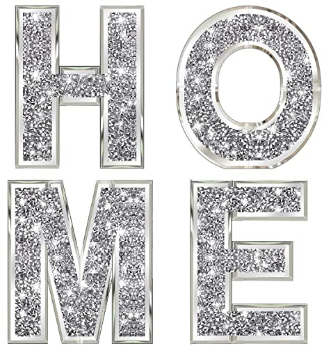 ZOLAPI 4 pcs Independent Letters Home.Glam Crystal Diamond Letters.Silver Mirror Glass Home Decoration for Wall, Fireplace, Bookshelf and Table.