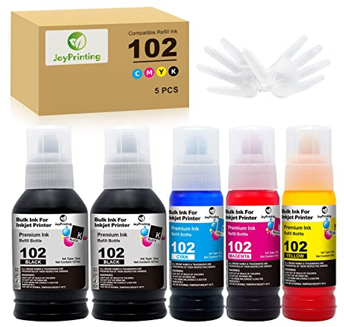 JoyPrinting 102 Ink Replacement for Epson 102 Ink Bottle Refills Compatible with Epson EcoTank ET-2750 ET-2700 ET-2751 ET-2756 ET-3700 ET-3750 ET-4750 ET-15000 (Black/Cyan/Magenta/Yellow 5-Pack)