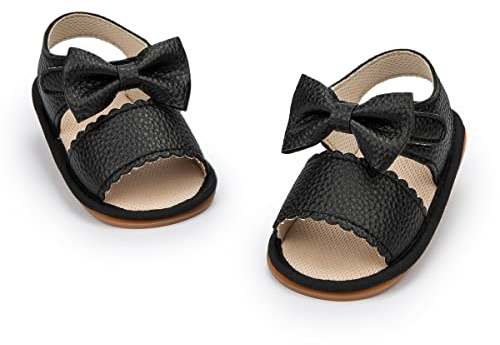 Miamooi Sandalias para bebé niña niño verano lazo cuna niño piel sintética flor suela de goma suave vestido zapatos planos para aprender a caminar, A07 negro, 6-12 meses