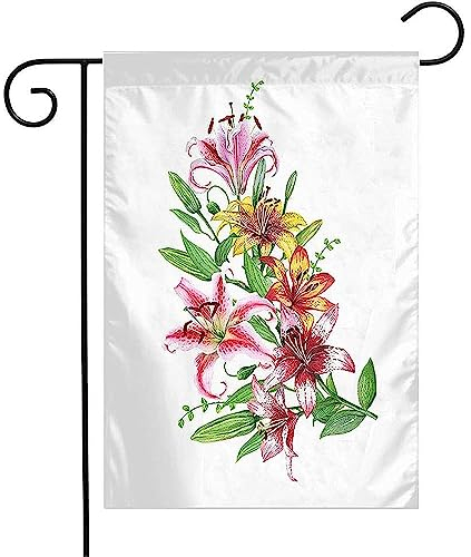 Gartenfahne 30x45cm, Aquarell Romantisch Verzierte Zarte Malerei Zweigmischung Lilienstrauß Stilisierte Feiertagslilie Breeze Flagge Durable Partys Flaggen Banner