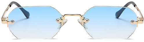 Ggpyyon Retro Rechteck Rahmenlose Sonnenbrille für Damen Herren Trendy Metall Gold Polygon Randlose Sonnenbrille(Gold/Gradient Light Blau)