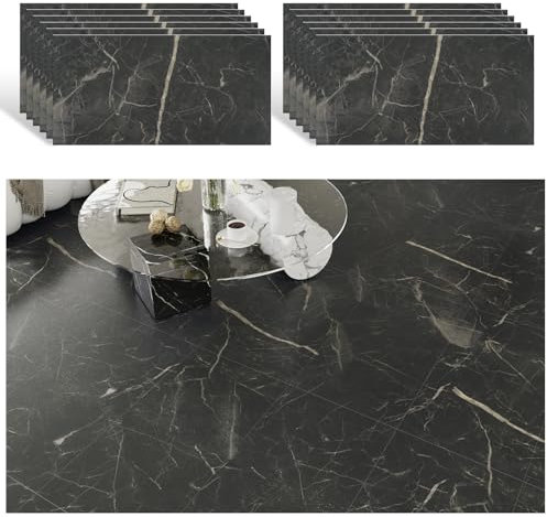 VEELIKE Suelo Vinilo Autoadhesivo Marmol Negro Vinilos Cocina Azulejos Adhesivos Baño Papel Adhesivo para Baldosas Suelo Vinilico Habitacion Vinilo Suelo Autoadhesivo Salon 1.5mm 60cmx30cm 12 Piezas