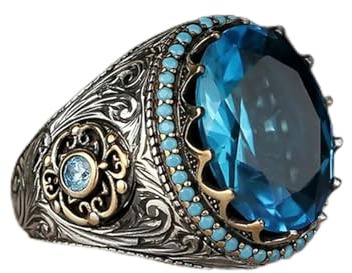 LWXLP Handgjord turkisk sigillring för män, vintagestil, silverfärgad, snidmönster, inlägg, grönt zirkon, festpunktsring