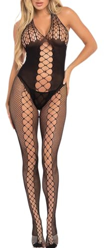 Lingerie Fishnet Donna Bodystocking Rete Senza Maniche Intimo Sexy Babydoll Bodysuit Halter Pizzo Trasparente Hot Elastico Body Calze Tuta Intera Biancheria Intima Confortevole Catsuit Sleepwear