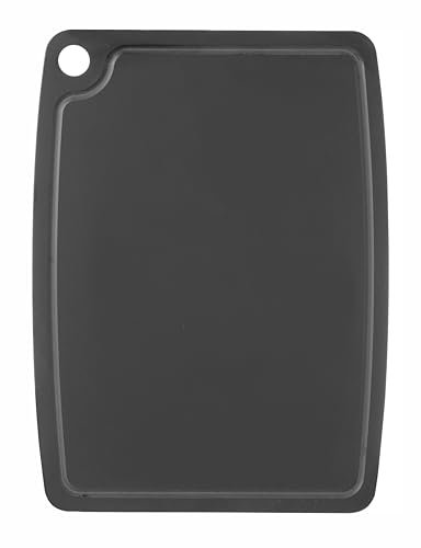 HENDI Planche à découper, avec rainure à jus, trou de suspension et pieds antidérapants, planche de cuisine pour préparer, trancher, découper et servir, 300x235x(H)6mm, fibre de bois composite, noir