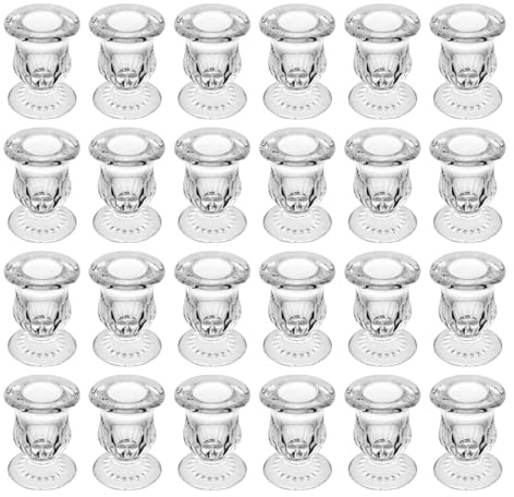 BTGLLAS Glass Taper Candle Holder Set of 24 - Clear Crystal Candlestick Holders for Tapered Candles, Elegant Candle Stick Holder Set for Wedding Party Christmas Thanksgiving Festival (24, Transparent)