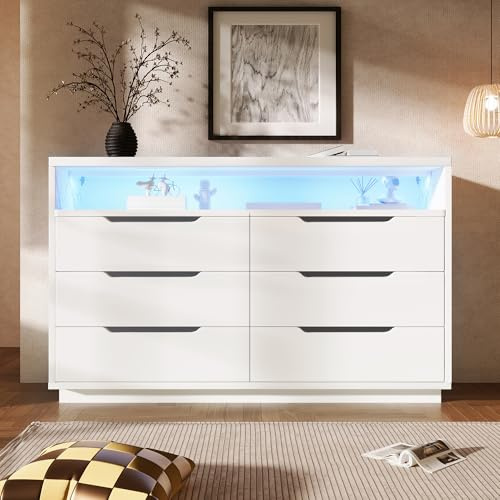 Idemon Aparador con iluminación ambiental y 6 cajones, con estructura de mármol, armario moderno para salón y dormitorio, 120 x 40 x 85 cm, color blanco